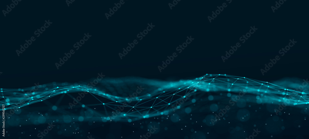 Poster Futuristic abstract mesh. Wave with the connection of dots and lines. 3D rendering.