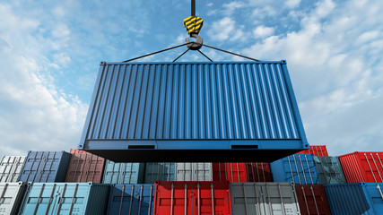 Crane hook with a cargo blue container for text - obrazy, fototapety, plakaty