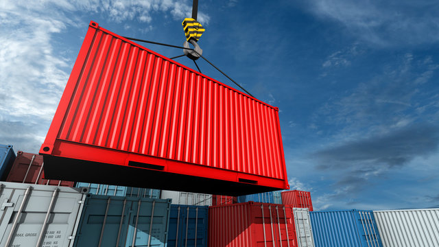 Crane hook with a cargo red container for text