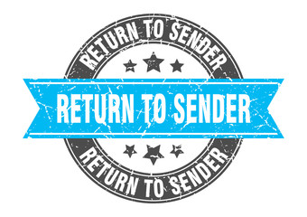 return to sender round stamp with turquoise ribbon. return to sender