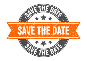 save the date round stamp with orange ribbon. save the date