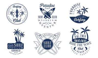 Set of logos for the surf club. Vector illustration on a white background. - obrazy, fototapety, plakaty