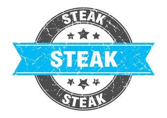 Fototapeta premium steak round stamp with turquoise ribbon. steak
