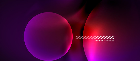 Glowing neon transparent bubbles background. Techno modern circles in dark space.