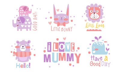 Set of cute pink and lilac animals. Vector illustration.