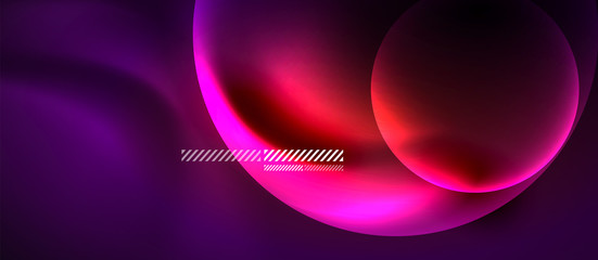 Glowing neon transparent bubbles background. Techno modern circles in dark space.