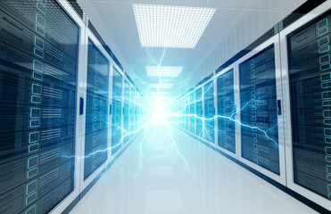 Electricity lightning in servers data center room storage systems 3D rendering