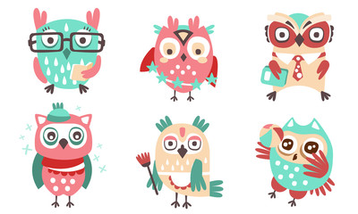 Set of cute humanized owls with accessories. Vector illustration.
