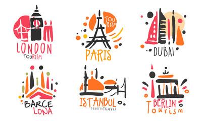 Set of red black logos for a travel agency. Vector illustration.