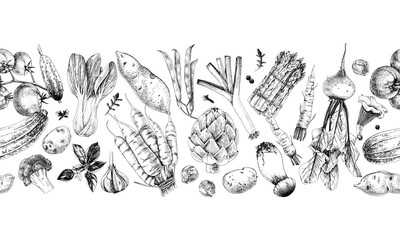 Seamless border with hand drawn vegetables
