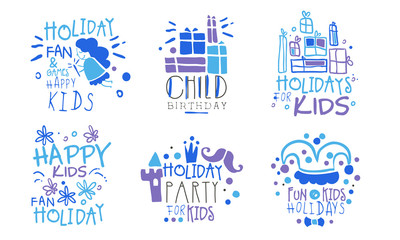 Set of contour pictures and inscriptions for a childrens holiday. Vector illustration.