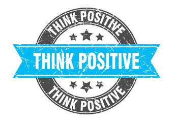 Obraz premium think positive round stamp with turquoise ribbon. think positive