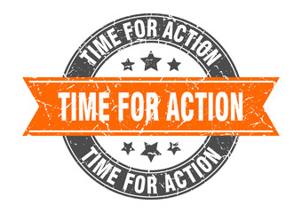 time for action round stamp with orange ribbon. time for action