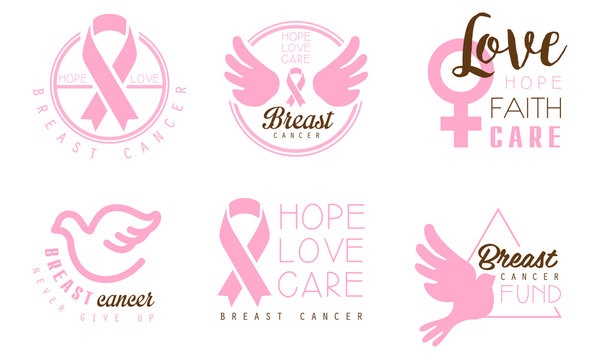 Set of pink logos with inscriptions in support of breast cancer patients. Vector illustration on a white background.