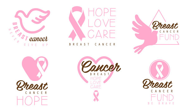 Set of logos with inscriptions in support of patients with breast cancer. Vector illustration on a white background.