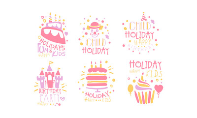 Set of pink outlines and inscriptions for the birthday. Vector illustration.