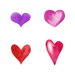 Four decorative hearts in red, pink, violet and purple colours. Symbol of love. Watercolor hand painted elements isolated on white background.