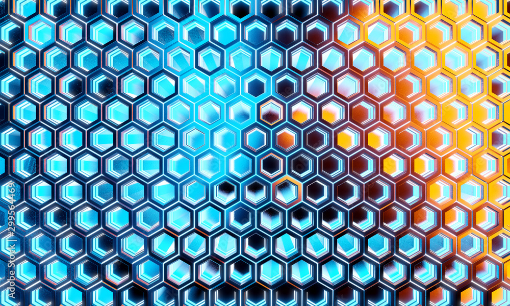 Poster glowing black blue and orange hexagons background pattern on silver metal surface 3d rendering