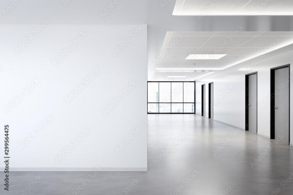 Aufkleber Blank wall in office mockup with large windows and sun passing through 3D rendering