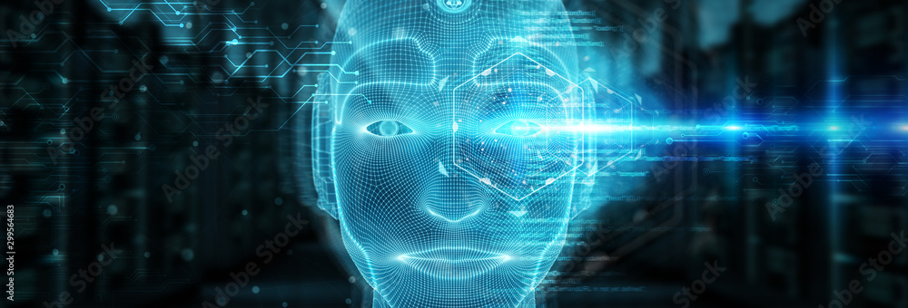 Poster robotic man cyborg face representing artificial intelligence 3d rendering