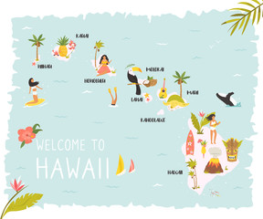 Hawaiian map with icons, characters and symbols.
