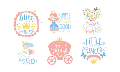 Set of pink lettering and cute pictures for girls. Vector illustration.