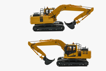 Yellow excavator  model, machinery in heavy industry with isolated on  a white background