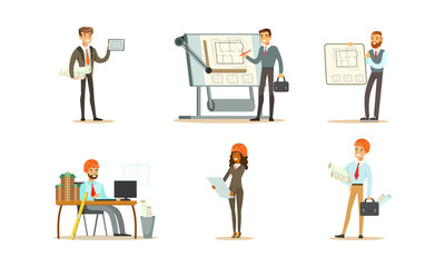 Set of images of an engineer at work. Vector illustration.