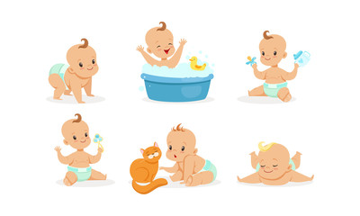 Cartoon babies in diapers. Vector illustration on a white background.