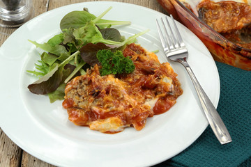 plate of moussaka and salad
