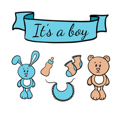 Doodle sketch illustration for postcards, layout, invitations for a baby boy newborn. Toys hare, teddy bear and children's things on a white background.