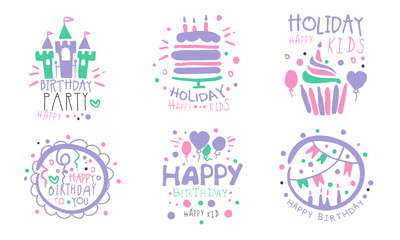 Set of logos for a birthday party for a girl. Vector illustration on a white background.