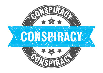 conspiracy round stamp with turquoise ribbon. conspiracy