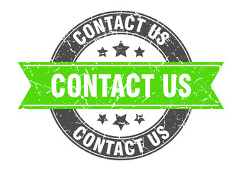 contact us round stamp with green ribbon. contact us
