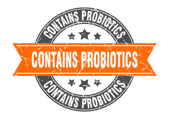 contains probiotics round stamp with orange ribbon. contains probiotics