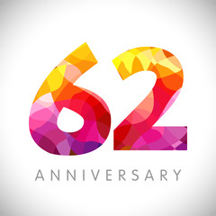 62 nd anniversary numbers. 62 years old yellow coloured logotype. Age congrats, congratulation idea. Isolated abstract graphic design template. Creative 2, 6 3D digits. Up to 62% percent off discount.