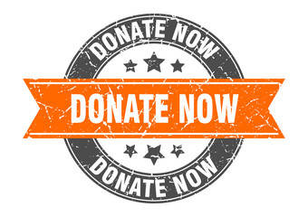 donate now round stamp with orange ribbon. donate now