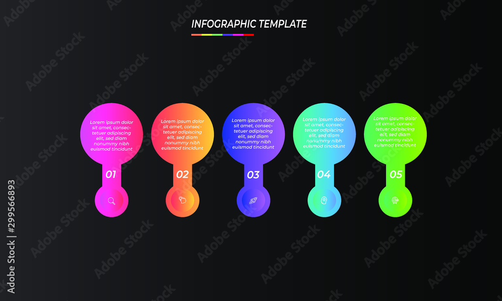 Poster infographics design template black background with 5 steps or options, can be used for workflow layo
