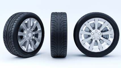 Obraz premium Car wheels isolated on a white background. 3D rendering.