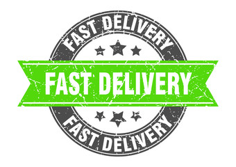 fast delivery round stamp with green ribbon. fast delivery