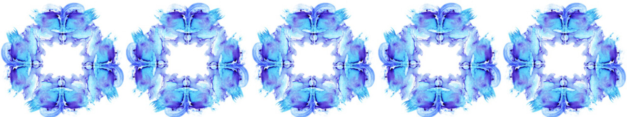 long horizontal strip with an abstract blue-blue ring, flower from elements, pattern, blot, background from identical figures, desktop wallpaper
