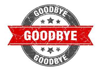 goodbye round stamp with red ribbon. goodbye