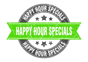 happy hour specials round stamp with green ribbon. happy hour specials