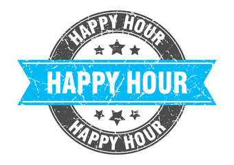 happy hour round stamp with turquoise ribbon. happy hour