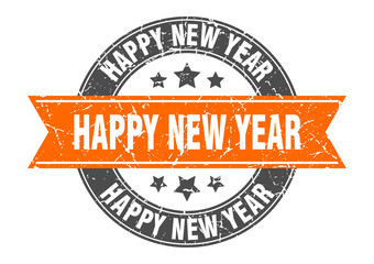 happy new year round stamp with orange ribbon. happy new year