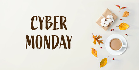Cyber Monday banner with autumn theme with coffee and gift box