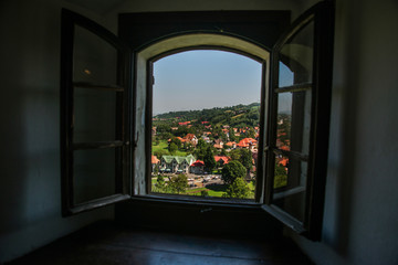 BRAN, ROMANIA: Beautiful summer landscape. View from Bran castle.