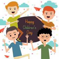 World Children's Day. four children who are standing with a cheerful style and face, there are clouds and colorful circles