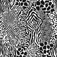 Wild animal skins patchwork camouflage wallpaper black and white fur abstract vector seamless pattern