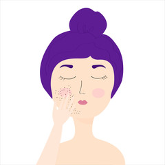 A young girl with purple hair is applying a coffee scrub to her face. coffee exfoliation. girl with eyes closed. home care, skin care, girl caring for her face. Vector illustration